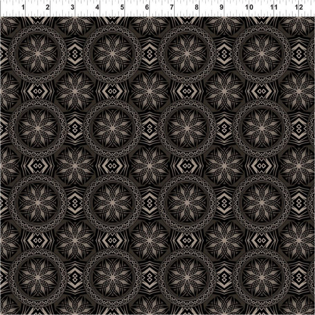 A fabric featuring a geometric pattern with dragon motifs in black and beige on a red background.