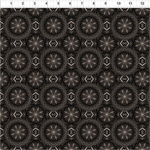 A fabric featuring a geometric pattern with dragon motifs in black and beige on a red background.