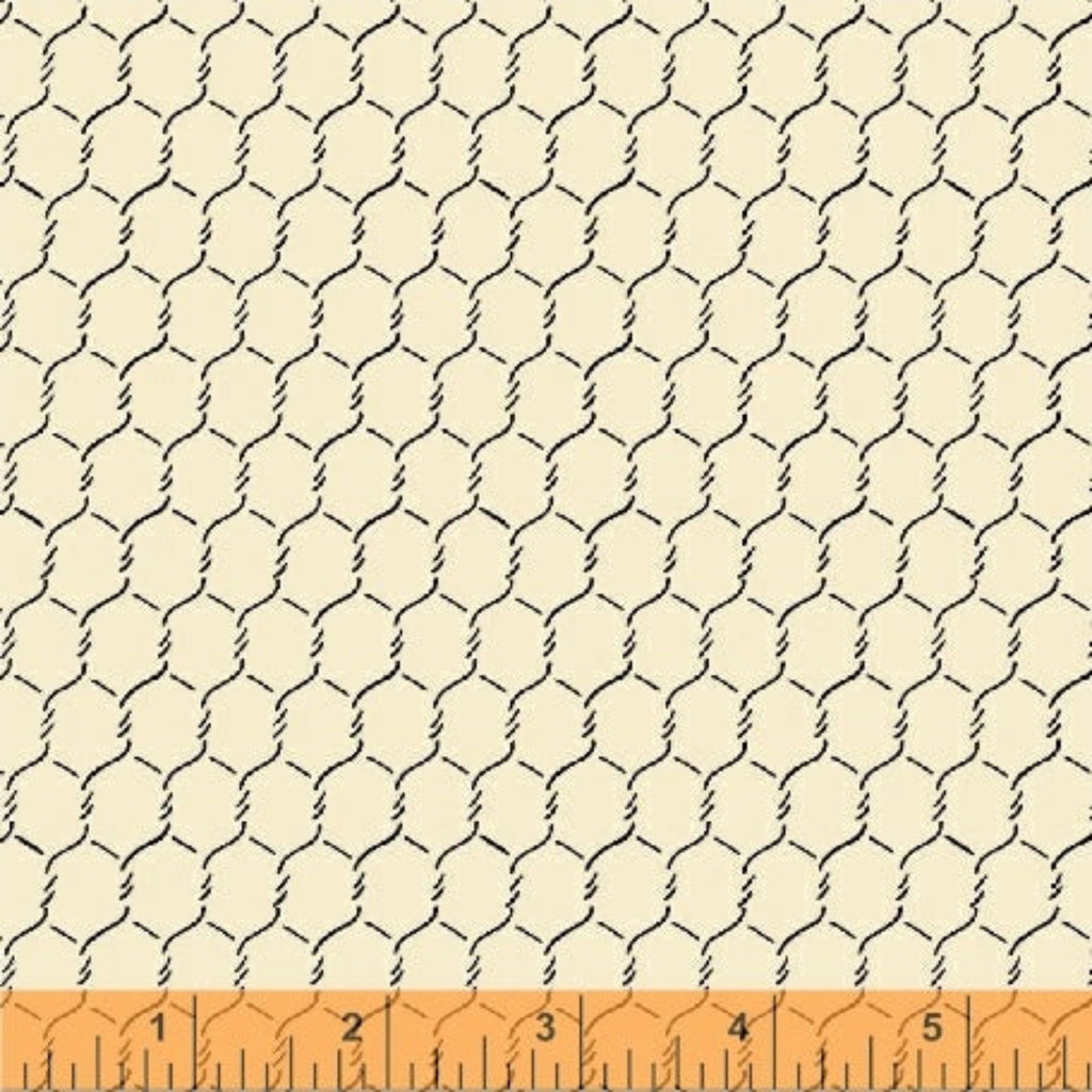 A textured chicken wire cream fabric from the Early Bird collection by Whistler Studios, showing a detailed chicken wire pattern.