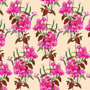 A fabric featuring a floral pattern with pink flowers and green leaves on a cream background.