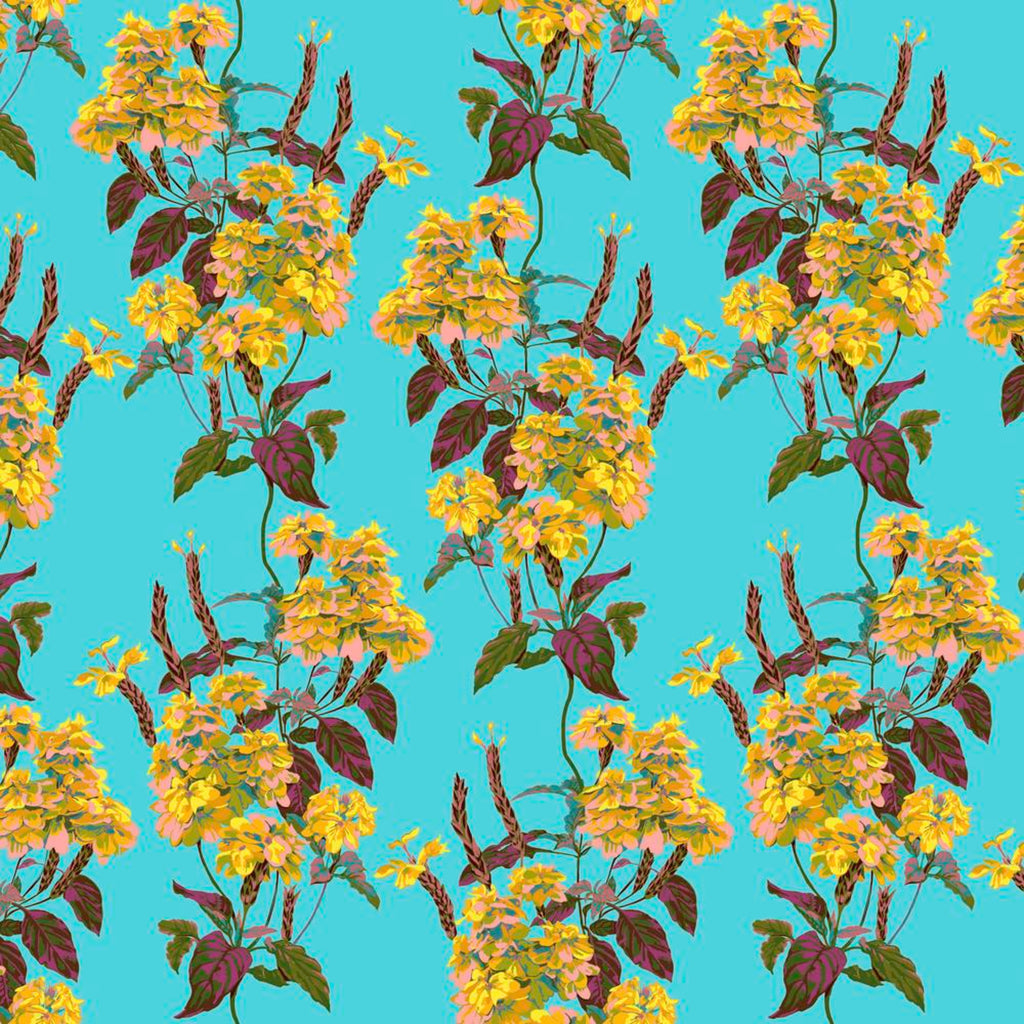 fabric featuring a floral pattern with yellow flowers and green leaves on a blue background.