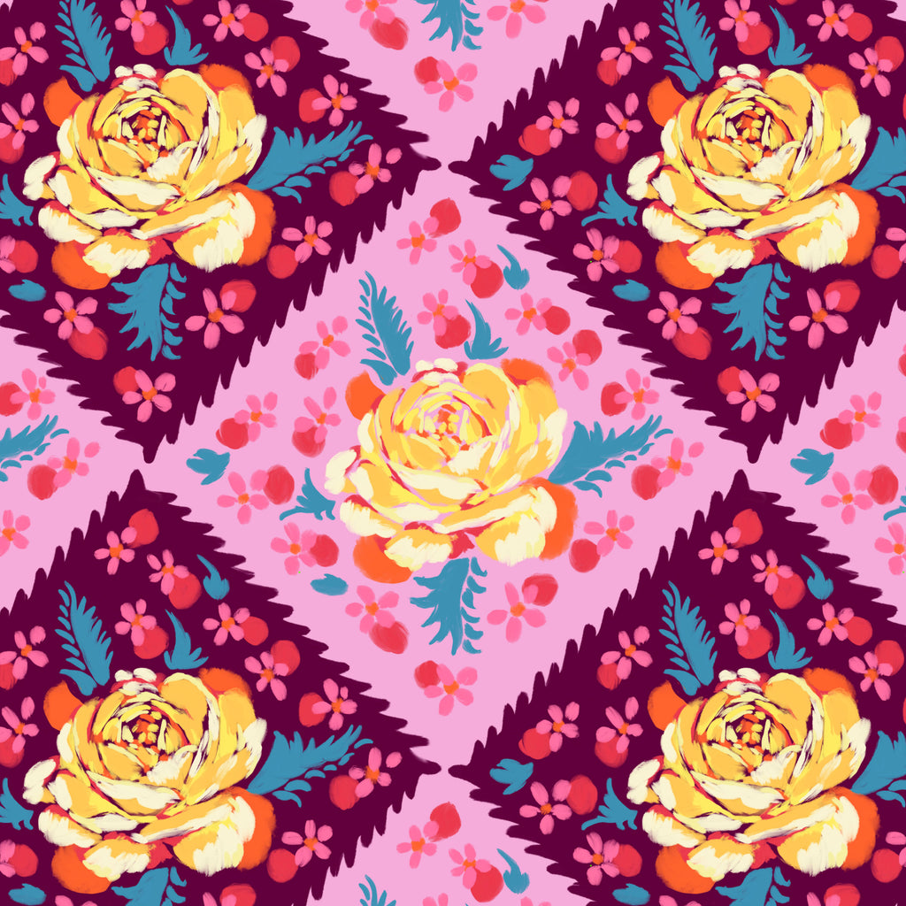 A piece of fabric featuring a floral pattern with prominent yellow roses on a pink background, part of the Fluent collection.