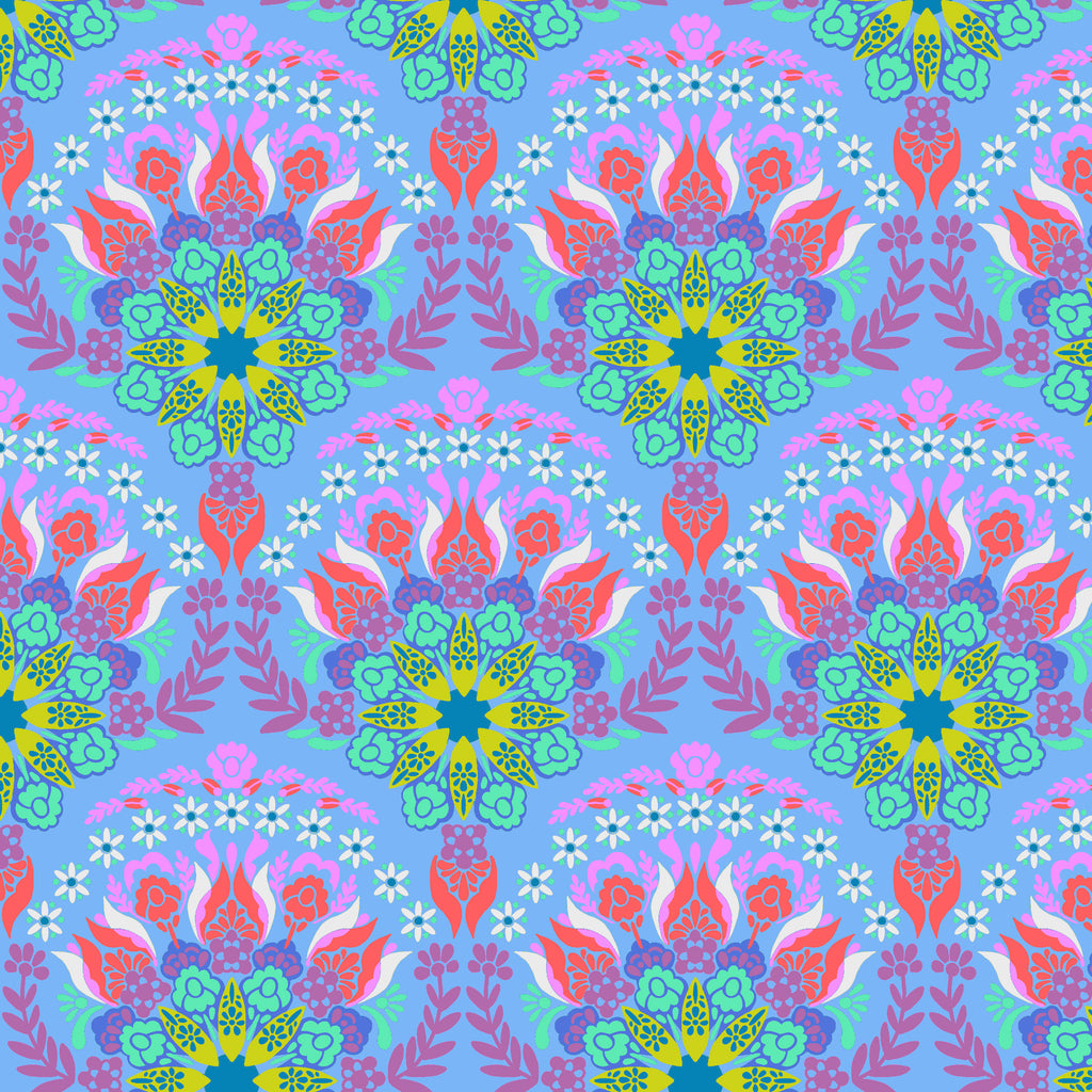 A piece of fabric with a floral pattern featuring a variety of flowers in colors pink, yellow, and blue on a blue background.