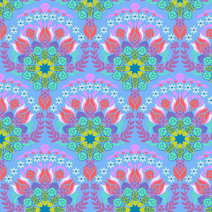 A piece of fabric with a floral pattern featuring a variety of flowers in colors pink, yellow, and blue on a blue background.