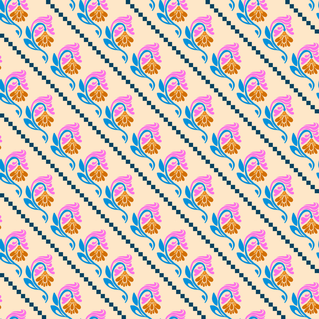A piece of fabric with a floral pattern featuring diagonal stripes and geometric shapes in a cream and multicolor palette.