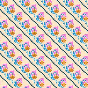 A piece of fabric with a floral pattern featuring diagonal stripes and geometric shapes in a cream and multicolor palette.