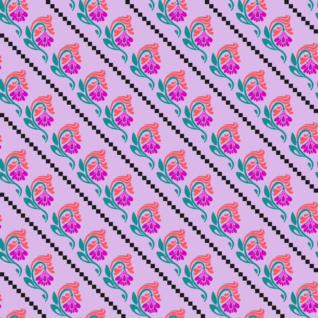 A fabric with a floral pattern featuring diagonal stripes and lavender colored flowers on a pink background.