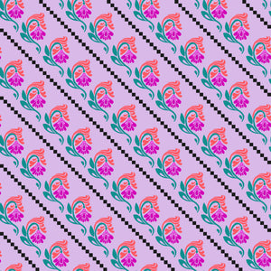 A fabric with a floral pattern featuring diagonal stripes and lavender colored flowers on a pink background.