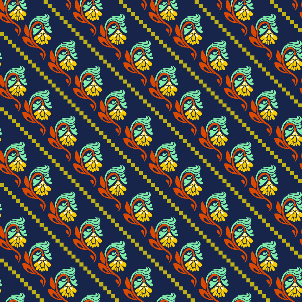 A fabric with a floral geometric pattern in navy, featuring geometric shapes in navy, green, orange, and yellow colors on a black background.