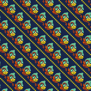 A fabric with a floral geometric pattern in navy, featuring geometric shapes in navy, green, orange, and yellow colors on a black background.
