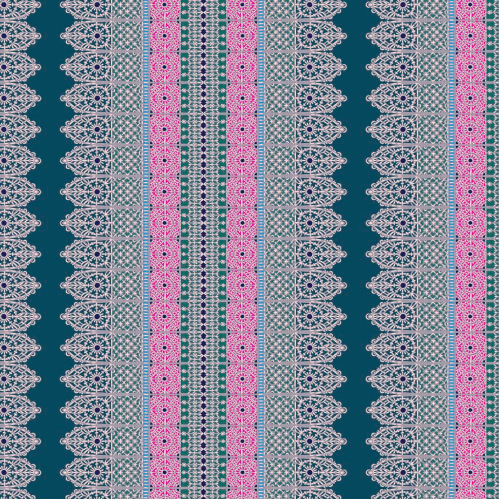 A piece of fabric featuring a floral and geometric pattern with vertical stripes in blue and pink colors.