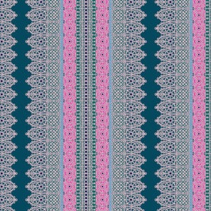 A piece of fabric featuring a floral and geometric pattern with vertical stripes in blue and pink colors.