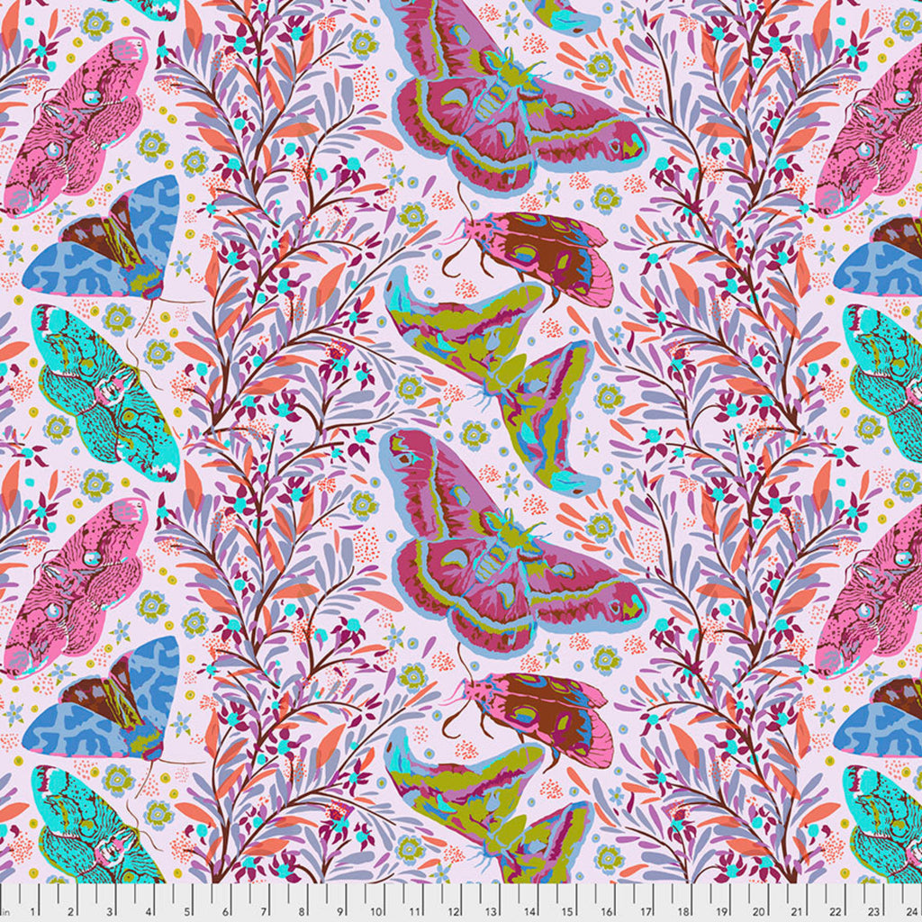 A printed fabric featuring a pattern with butterflies and floral motifs in a multicolor design on a light background.