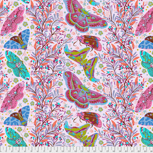 A printed fabric featuring a pattern with butterflies and floral motifs in a multicolor design on a light background.
