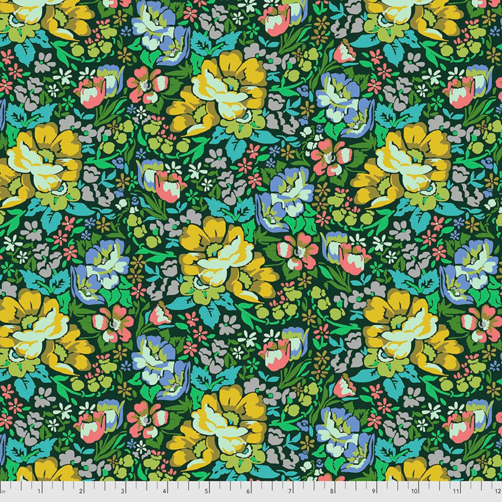 A fabric featuring a floral pattern with prominent green, yellow, and burgundy colors on a black background.