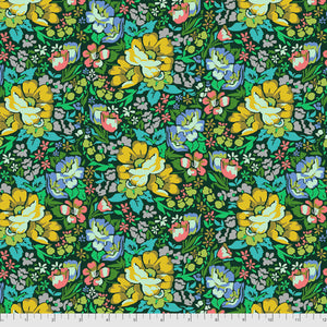 A fabric featuring a floral pattern with prominent green, yellow, and burgundy colors on a black background.