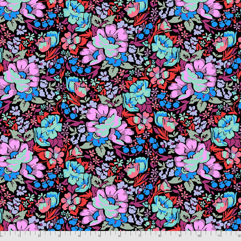 A fabric featuring a floral pattern with vibrant colors on a black background, labeled as part of the 'Love Always AM - Overachiever VELVET' collection by Anna Maria Horner.