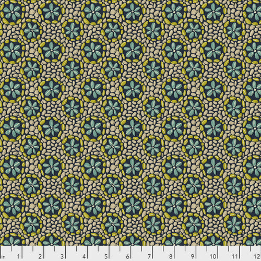 A fabric featuring a geometric pattern with floral and abstract elements in navy blue and cream colors.