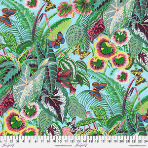 TREASURE ISLAND Tropical Leaves AQUA PWSL105 by Philip Jacobs.Priced per 25cm