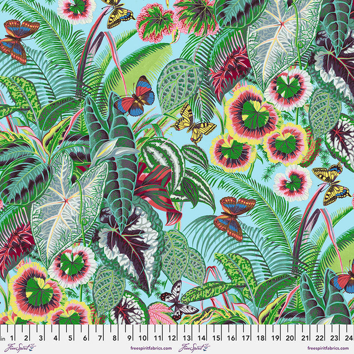TREASURE ISLAND Tropical Leaves AQUA PWSL105 by Philip Jacobs.Priced per 25cm