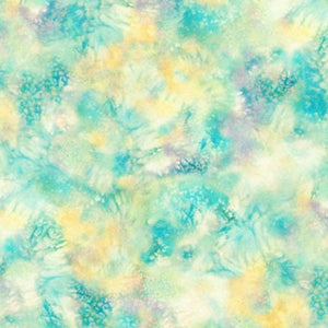 A fabric with a floral pattern in multicolor, predominantly green and yellow on a white background.