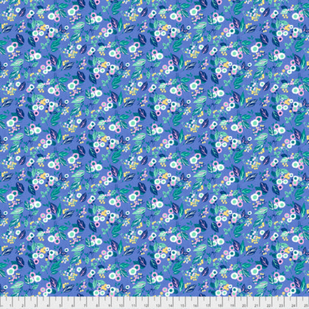 Floral pattern fabric swatch on a blue background
