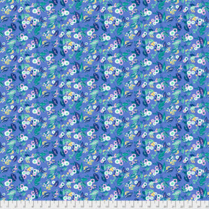 Floral pattern fabric swatch on a blue background