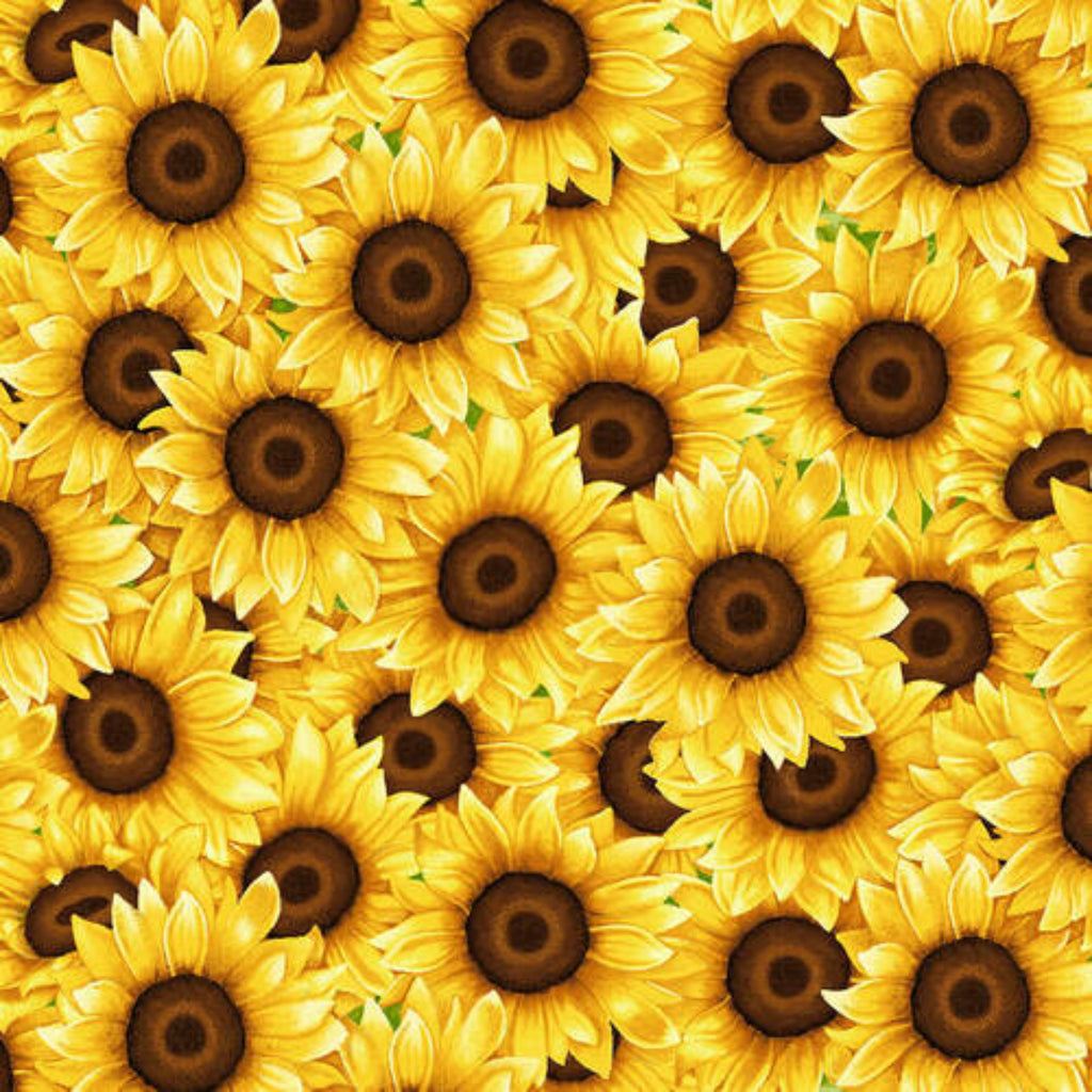 A fabric featuring a repeated pattern of sunflowers with brown centers on a yellow background.