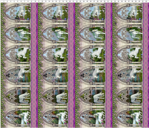 A digital print of fabric featuring unicorn-themed patterns with multicolor borders.