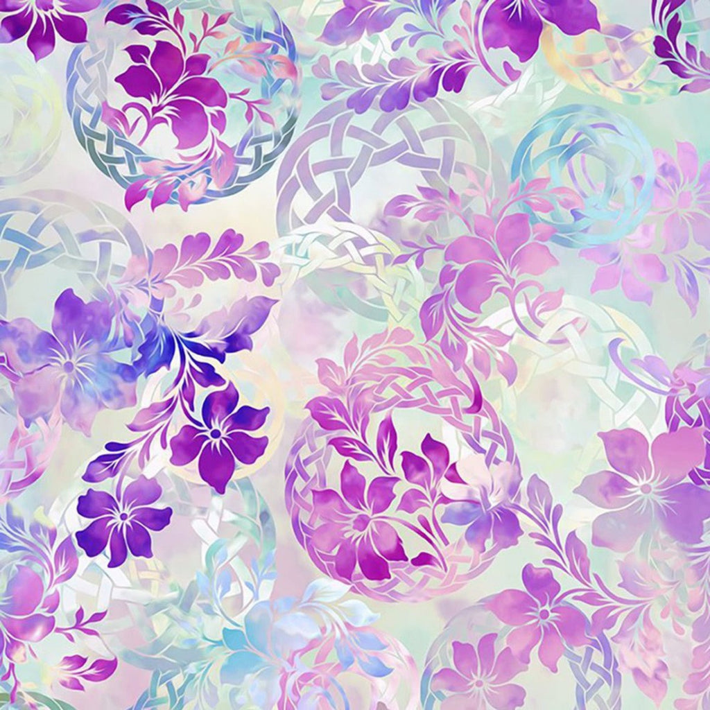 A fabric featuring a repeating pattern of unicorns and floral elements in pink and purple hues on a white background.