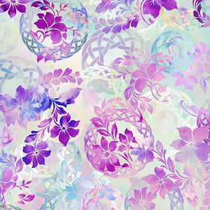 A fabric featuring a repeating pattern of unicorns and floral elements in pink and purple hues on a white background.
