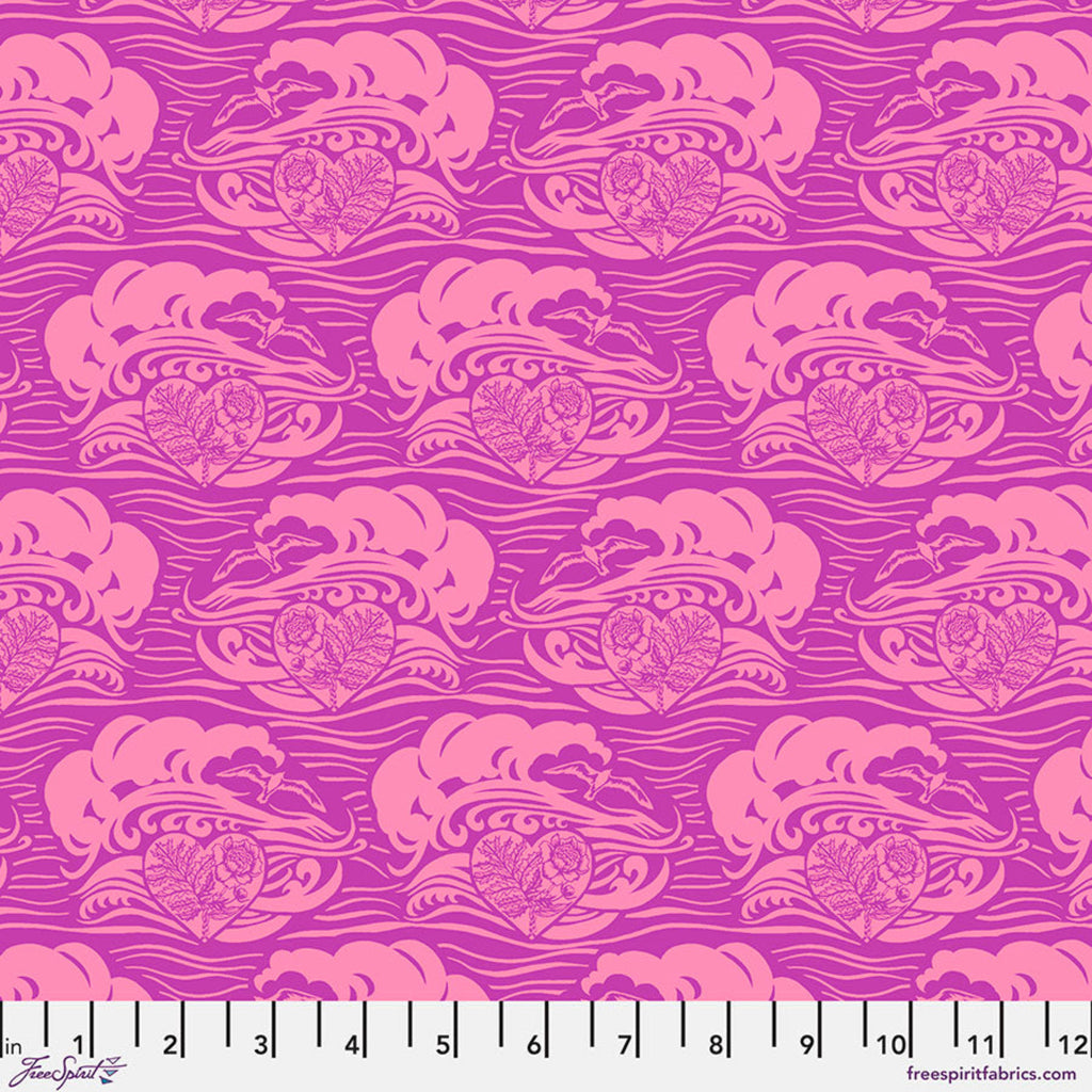 A piece of fabric featuring a pattern with whimsical, stylized representations of Chicago's skyline in pink tones on a purple background, with a measuring scale along the bottom edge.