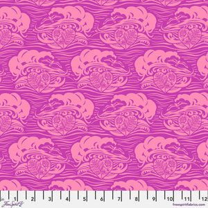 A piece of fabric featuring a pattern with whimsical, stylized representations of Chicago's skyline in pink tones on a purple background, with a measuring scale along the bottom edge.