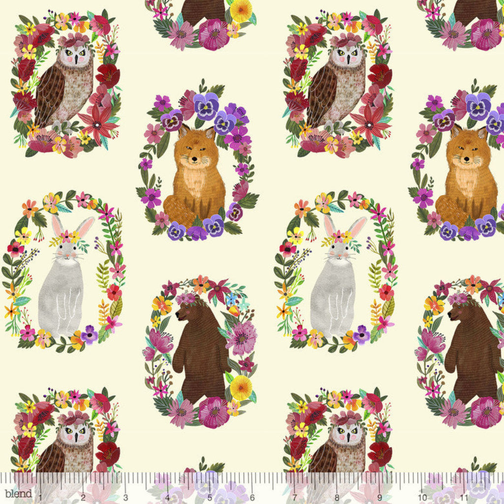 Pattern of forest animals with flowers on a beige background