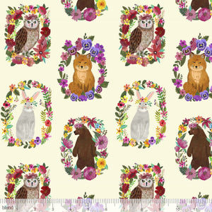 Pattern of forest animals with flowers on a beige background