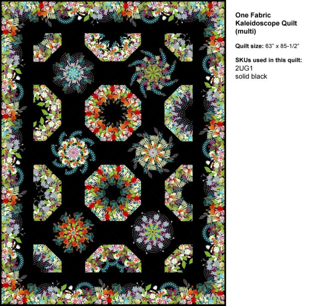 A colorful kaleidoscope pattern quilt  pattern with a combination of multicolor and blue fabrics, designed by Jason Yenter.