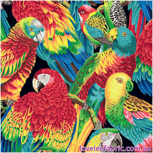 TREASURE ISLAND Polly Parrots BLACK PWSL106 by Philip Jacobs.Priced per 25cm
