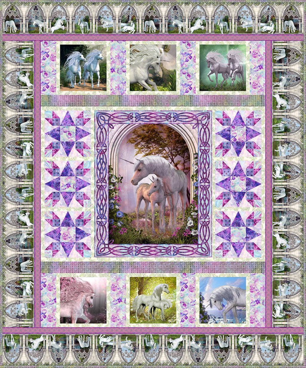 A quilt featuring a central panel with a unicorn and her calf in a forest setting, surrounded by additional panels with unicorns in various landscapes, such as a field and a forest clearing.