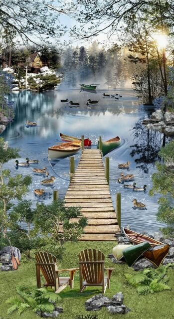 Timeless Treasures - Lakeside Afternoon Lake Chair Dock Bridge.Priced per Panel