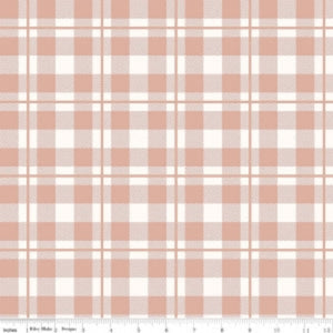 A plaid patterned fabric with cream, gold, and rose gold colors, labeled as part of the 'Yes Please' collection.