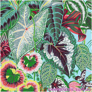 TREASURE ISLAND by Philip Jacobs (SNOW LEOPARD)- Tropical Leaves AQUA PWSL105.Priced per 25cm